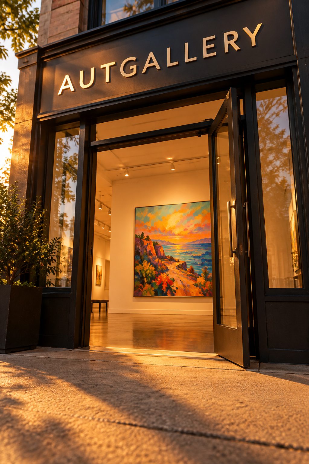 AutGallery storefront — open door, golden hour