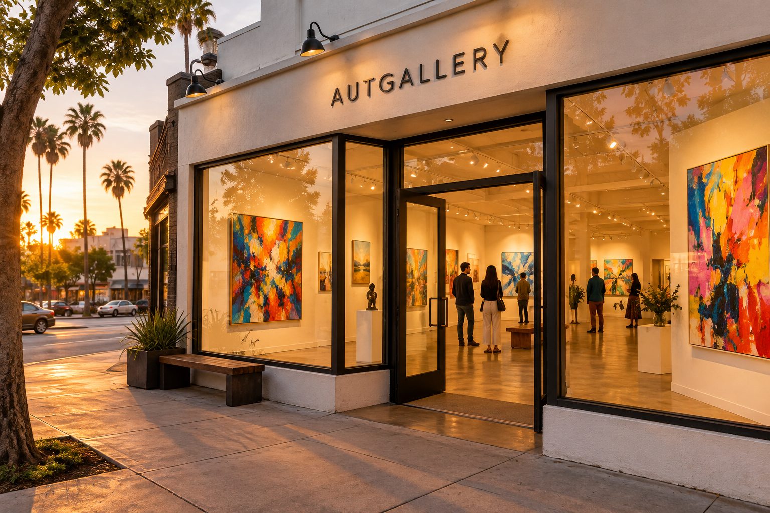 AutGallery exterior — LA neighborhood, palm trees, sunset